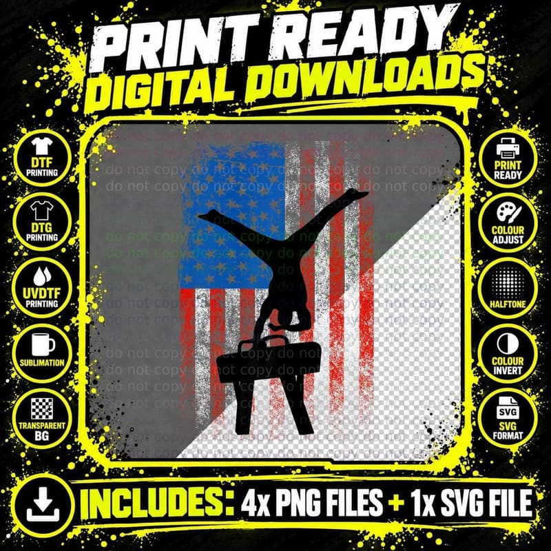 Male Gymnast Boys Gymnastics Patriotic US Flag Pommel Png SVG Digital Bundle