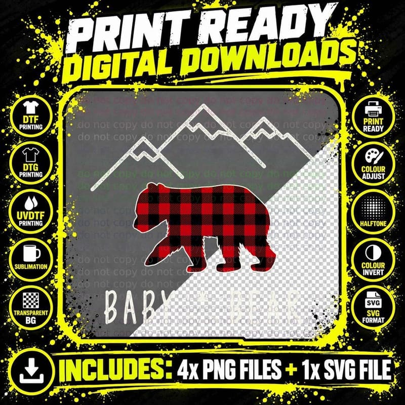 Mama Bear Gift - Buffalo Plaid Baby Bear Pullover Hoodie Png SVG Digital Bundle