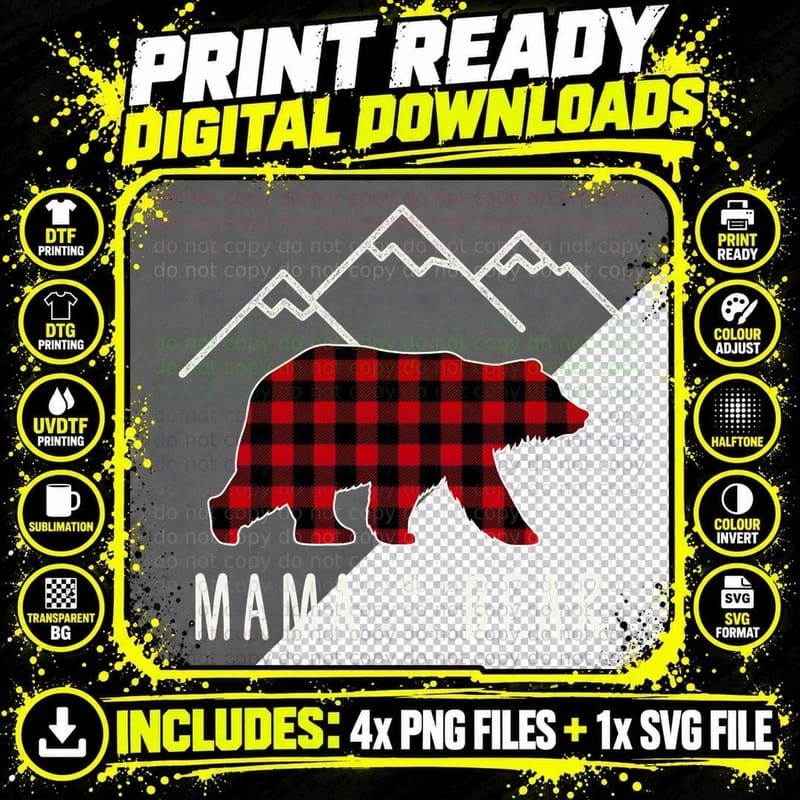 Mama Bear Gift - Buffalo Plaid Mama Bear Pullover Hoodie Png SVG Digital Bundle