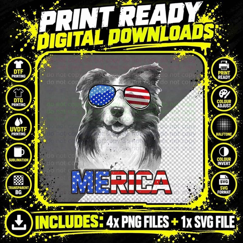 Merica Patriotic Border Collie Dog 4th July American Png SVG Digital Bundle