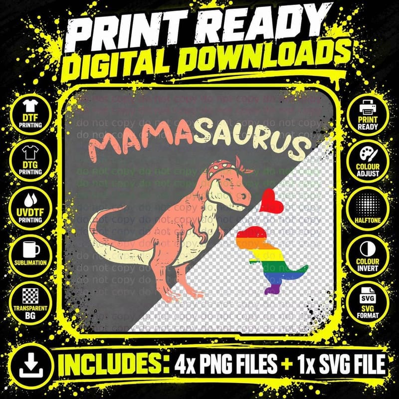 Mommasaurus Dinosaur Mom Mama LGBTQ Rainbow Flag Gay Png SVG Digital Bundle