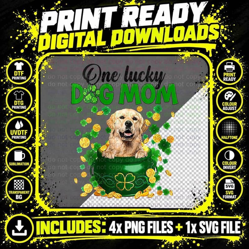 One Lucky Dog Mama Golden Retriever Mom St Patricks Day Png SVG Digital Bundle
