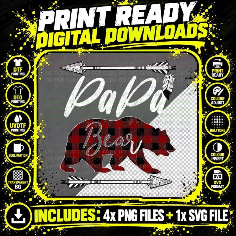 PAPA BEAR Buffalo Plaid Flannel Father's Day Gift Dad Png SVG Digital Bundle