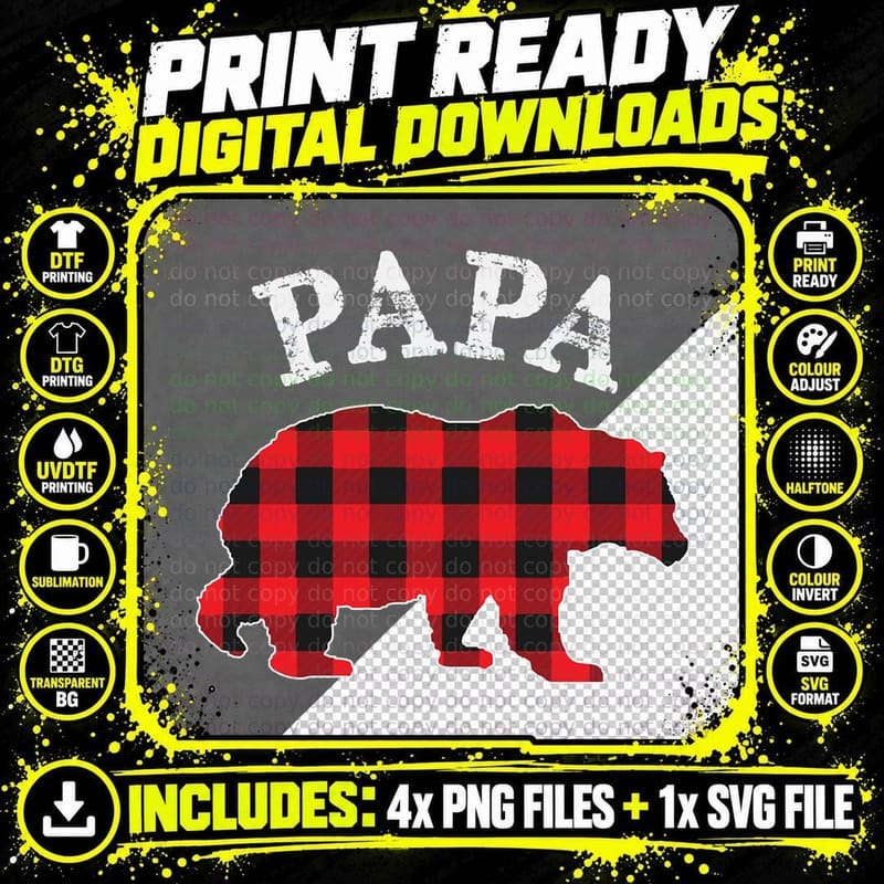 PAPA Bear RED Black Buffalo Plaid Mama Checkerboard Png SVG Digital Bundle