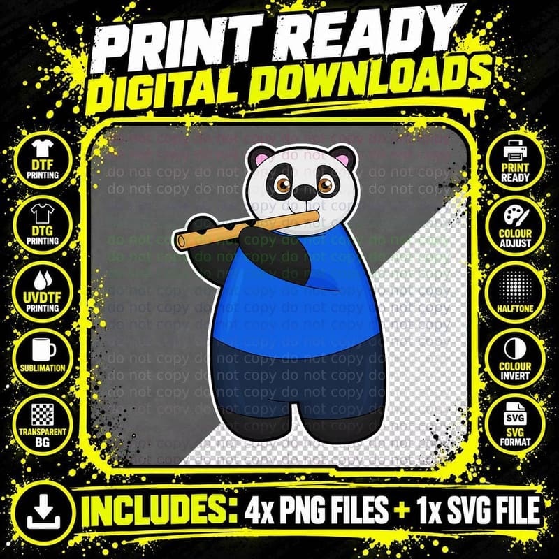 Panda Musician Flute Music T-Shirt Png SVG Digital Bundle