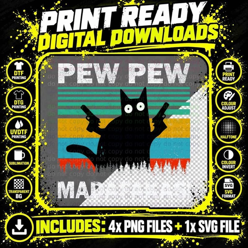 Pew Pew Madafakas Cat Crazy Vintage Funny Cat Owners Png SVG Digital Bundle