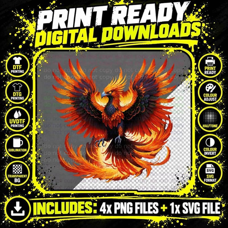 Phoenix Bird of Fire Fantasy T-Shirt Png SVG Digital Bundle