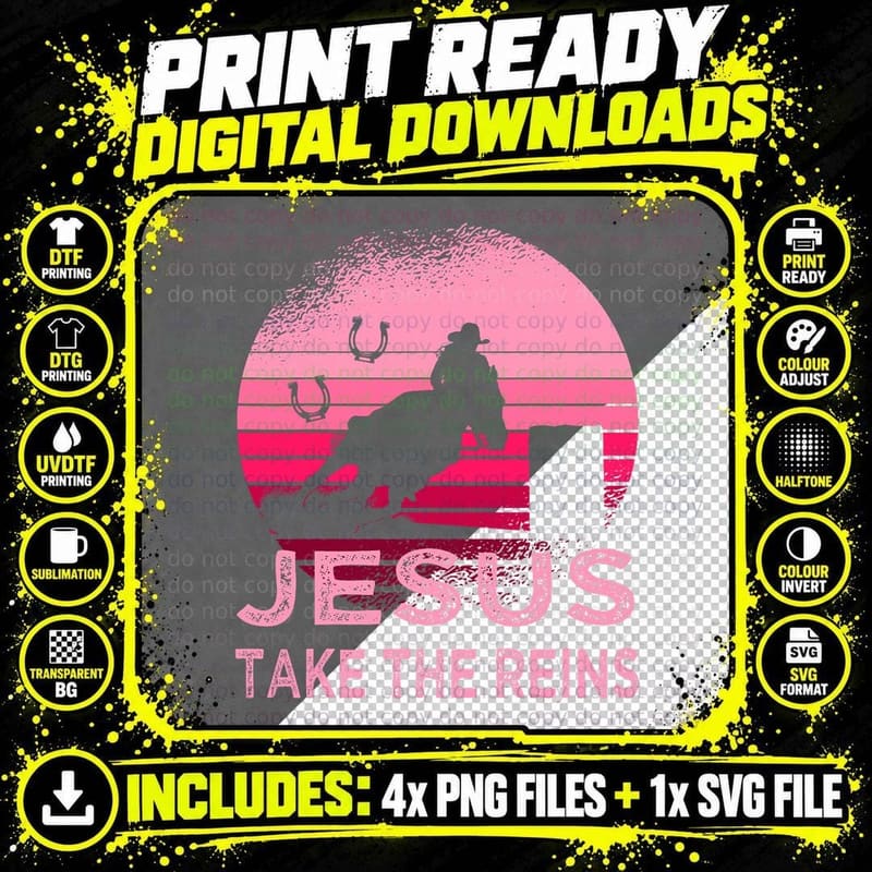 Pink Retro Horse Barrel Racing Jesus Take the Reins Png SVG Digital Bundle
