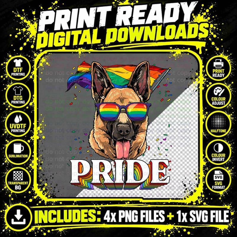 Pride German Shepherd LGBTQ Rainbow Flag Pride Month Dog Png SVG Digital Bundle
