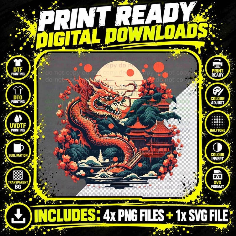 Red Chinese Dragon Traditional Asian Mythology Animal Png SVG Digital Bundle