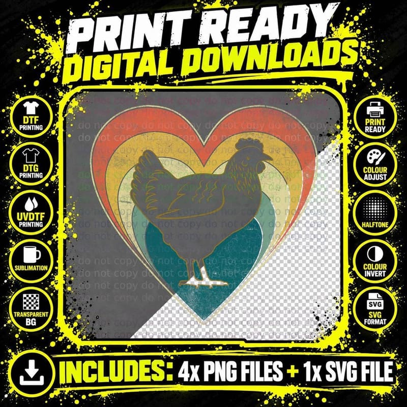 Retro Vintage Chicken Heart Valentines Day Boys Girls Png SVG Digital Bundle