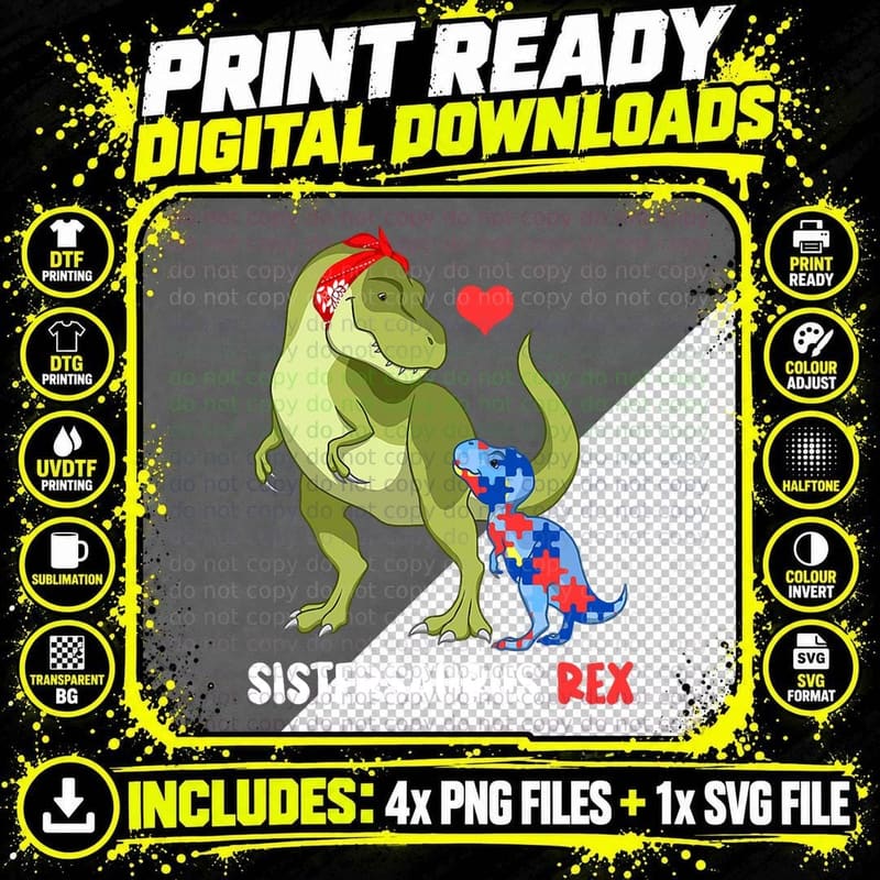 Sistersaurus Rex Sister Autism Awareness Dinosaur Puzzle Png SVG Digital Bundle
