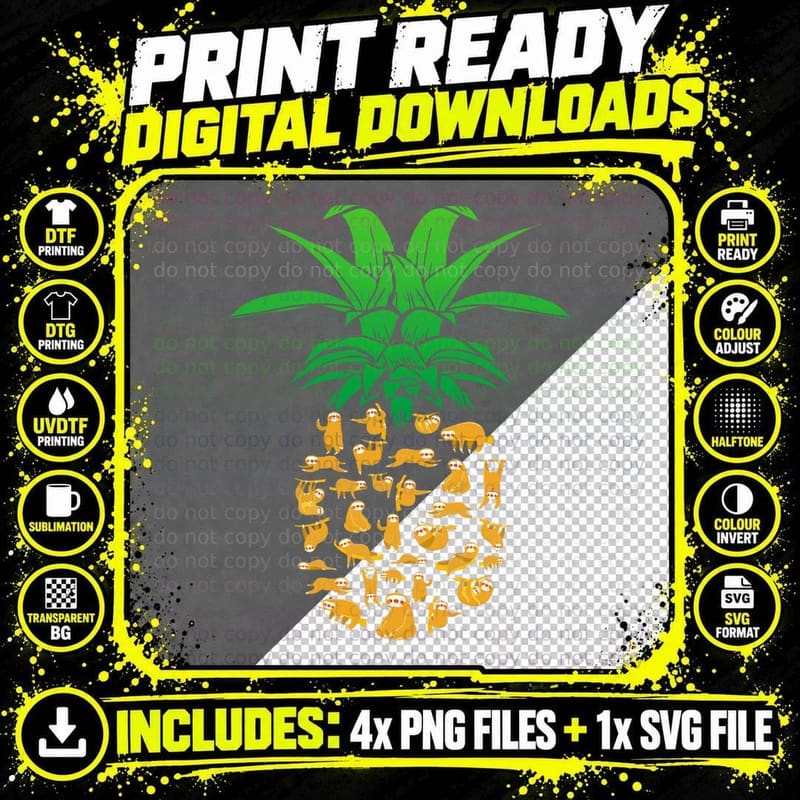 Sloth Pineapple Hawaii Beach Funny Sloth Gifts for Men Png SVG Digital Bundle
