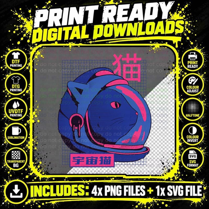 Space Cat Retro Colors 80s 90s Japanese Vaporwave Png SVG Digital Bundle