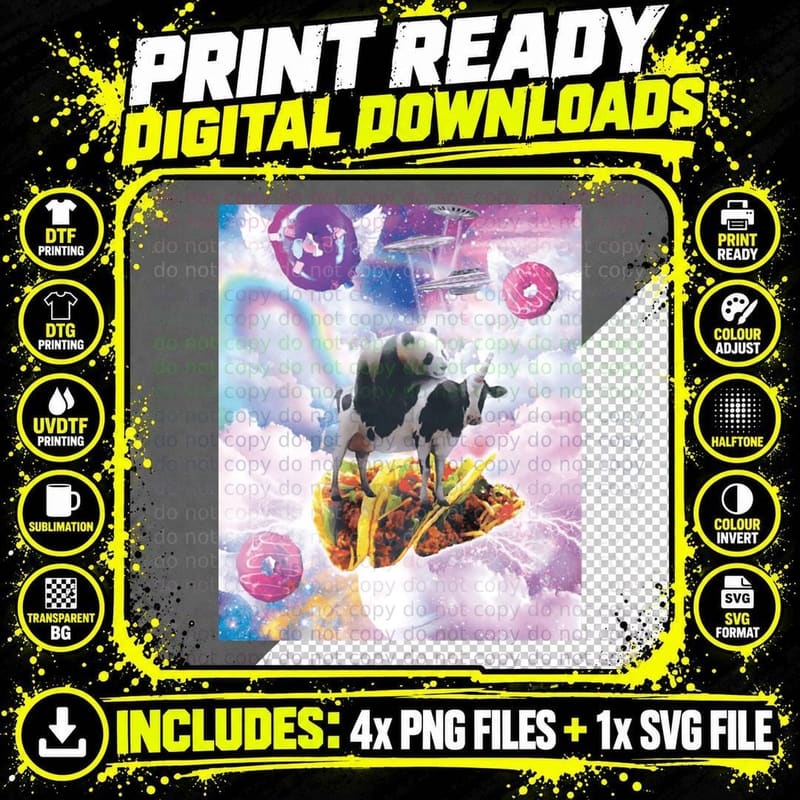 Space Panda Riding Cow Unicorn - Taco & Donut T-Shirt Png SVG Digital Bundle