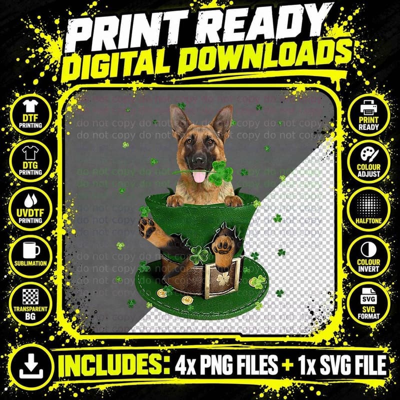 St Patrick's Day Leprechaun German Shepherd Dog Shamrock Png SVG Digital Bundle