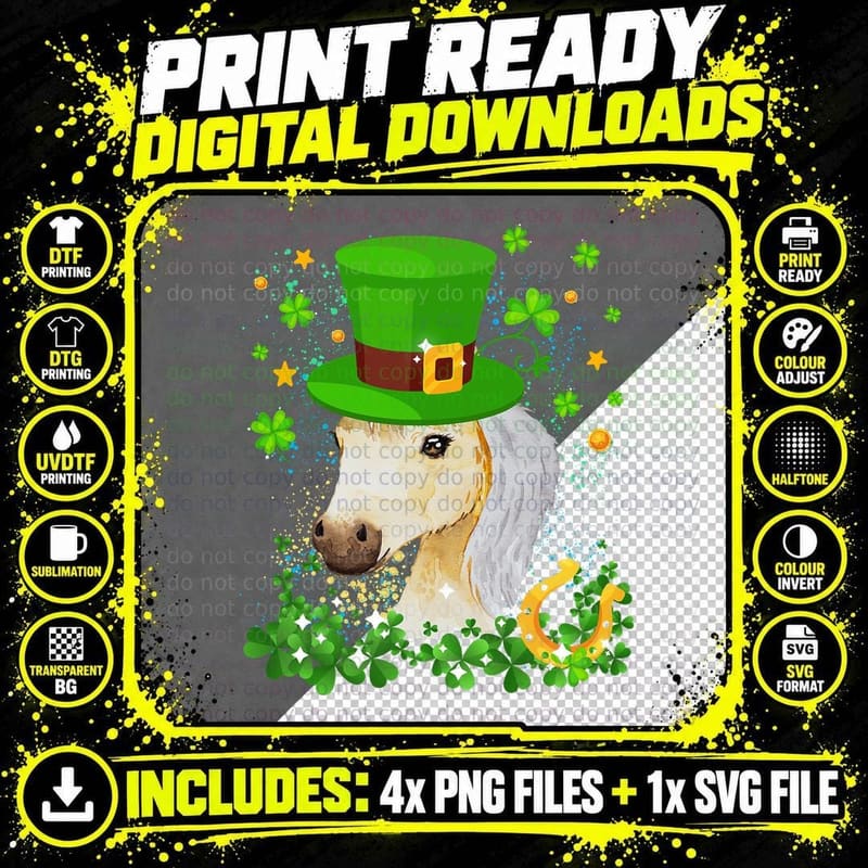 St Patricks Day Lucky Shamrock Cute Famer Horse Girls Png SVG Digital Bundle