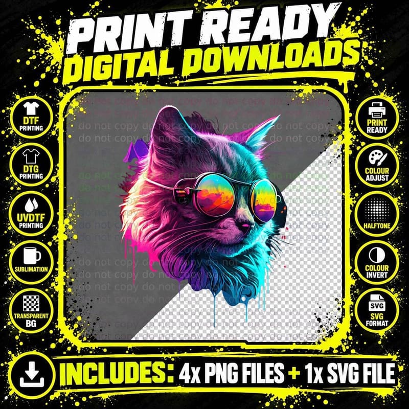 Synthwave Cat Vaporwave Cat with Sunglasses for Cat Png SVG Digital Bundle