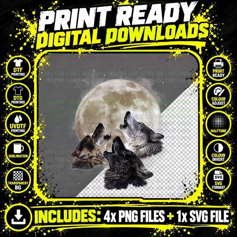 Three Wolves Howling at the Moon - Wolf Lover T-Shirt Png SVG Digital Bundle