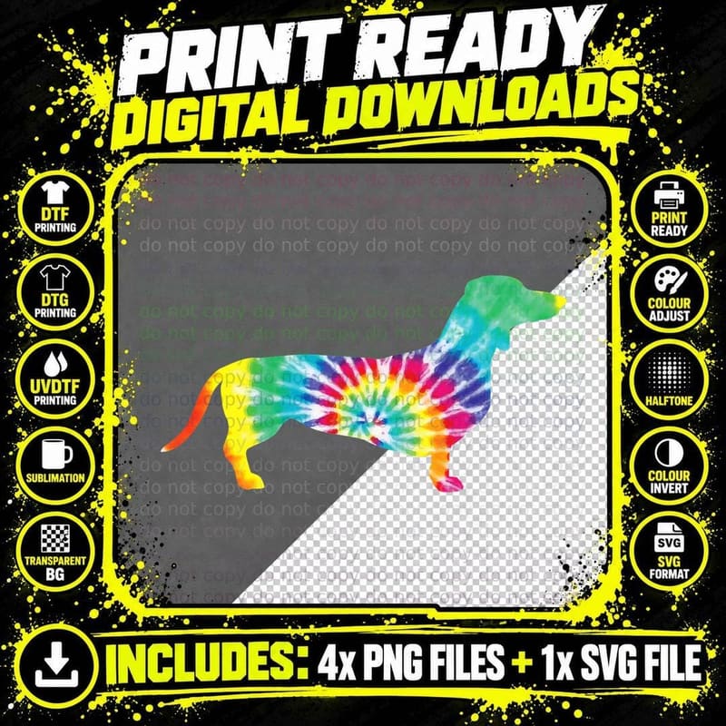 Tie Dye Dog Shirt Hippie Dachshund Retro T-Shirt Puppy Png SVG Digital Bundle