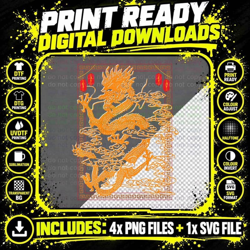Traditional Golden Chinese Dragon Symbol of Asian Png SVG Digital Bundle