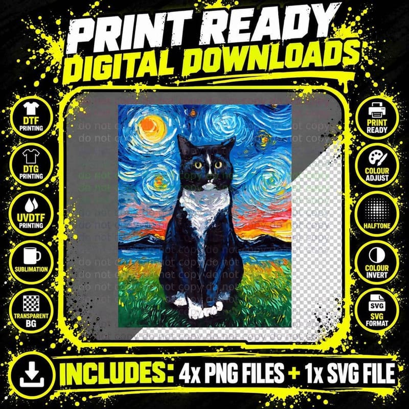 Tuxedo Cat Night T-Shirt Png SVG Digital Bundle
