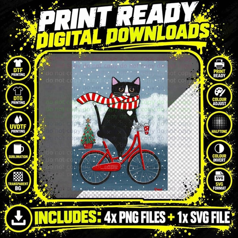 Tuxedo Cat Winter Bicycle Ride Classic T-Shirt Png SVG Digital Bundle