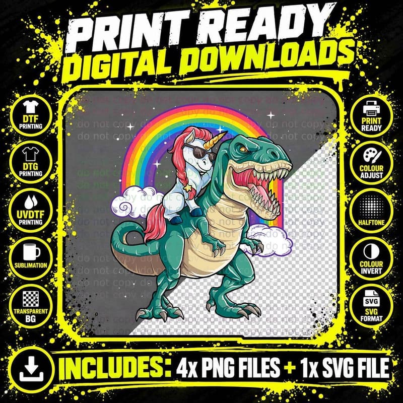 Unicorn Riding T Rex Dinosaur Boys Girls Men Women Png SVG Digital Bundle
