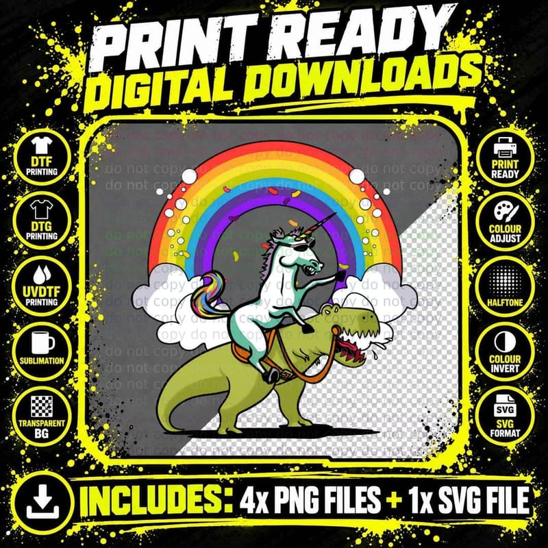 Unicorn Riding T-Rex Dinosaur Party T-Shirt Png SVG Digital Bundle