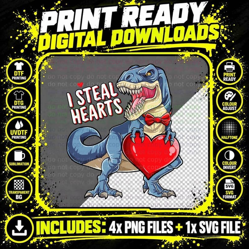 Valentines Day Dinosaur I Steal Hearts Boys Men Love T Png SVG Digital Bundle