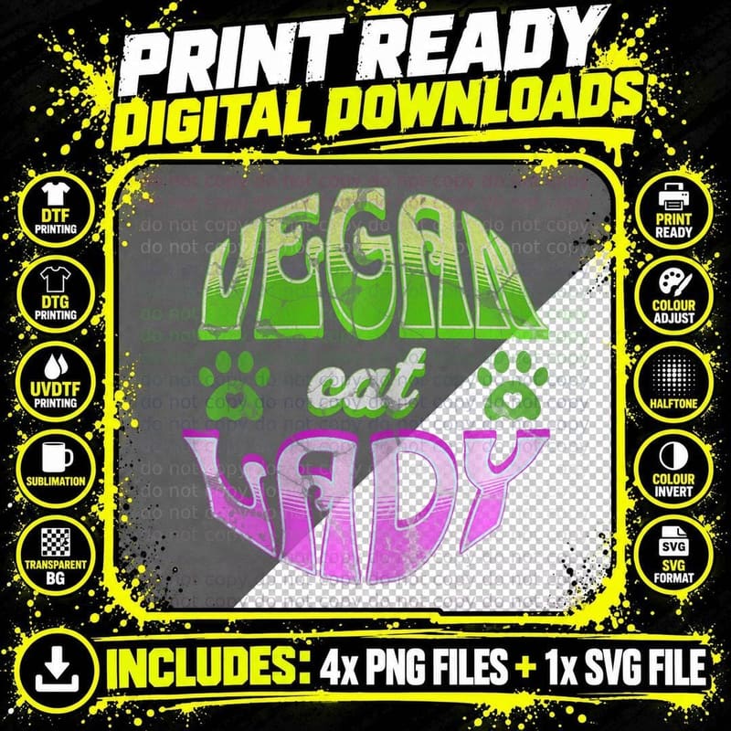 Vegan Cat Lady Mom Women Cute Cat Vegan Cat Lover T-Shirt Png SVG Digital Bundle