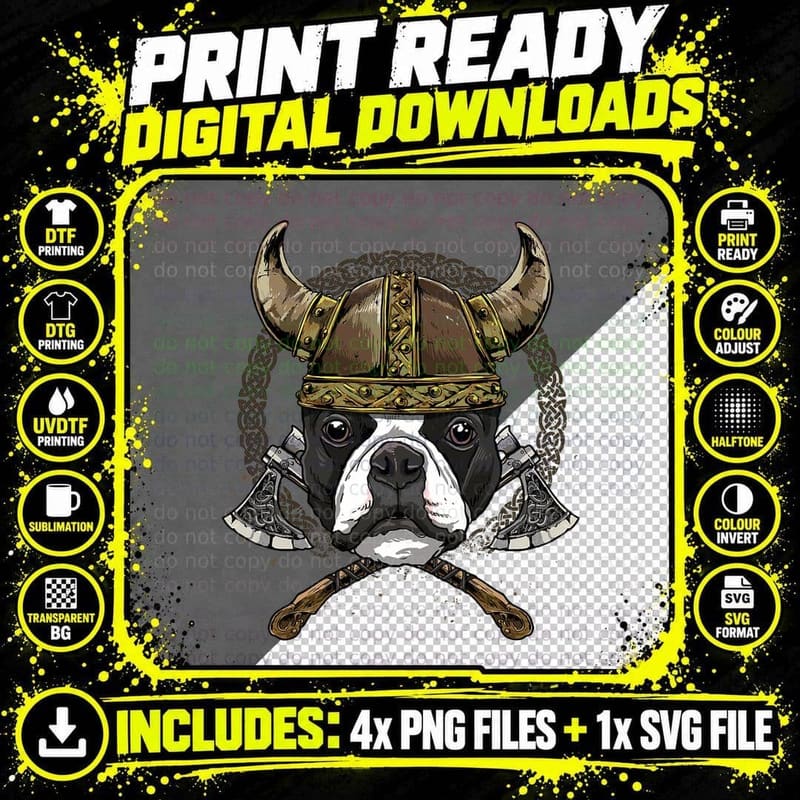 Viking Boston Terrier Dog with Viking Helmet Mjolnir Png SVG Digital Bundle