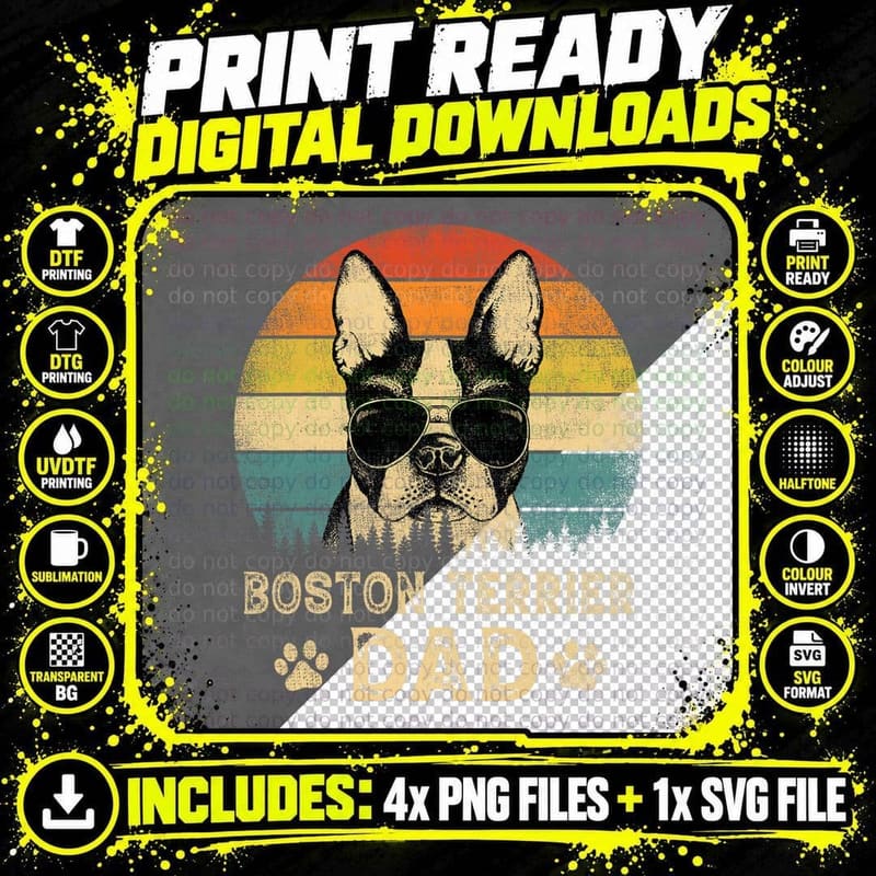 Vintage Boston Terrier Dad Dog Lovers Father's Day Png SVG Digital Bundle
