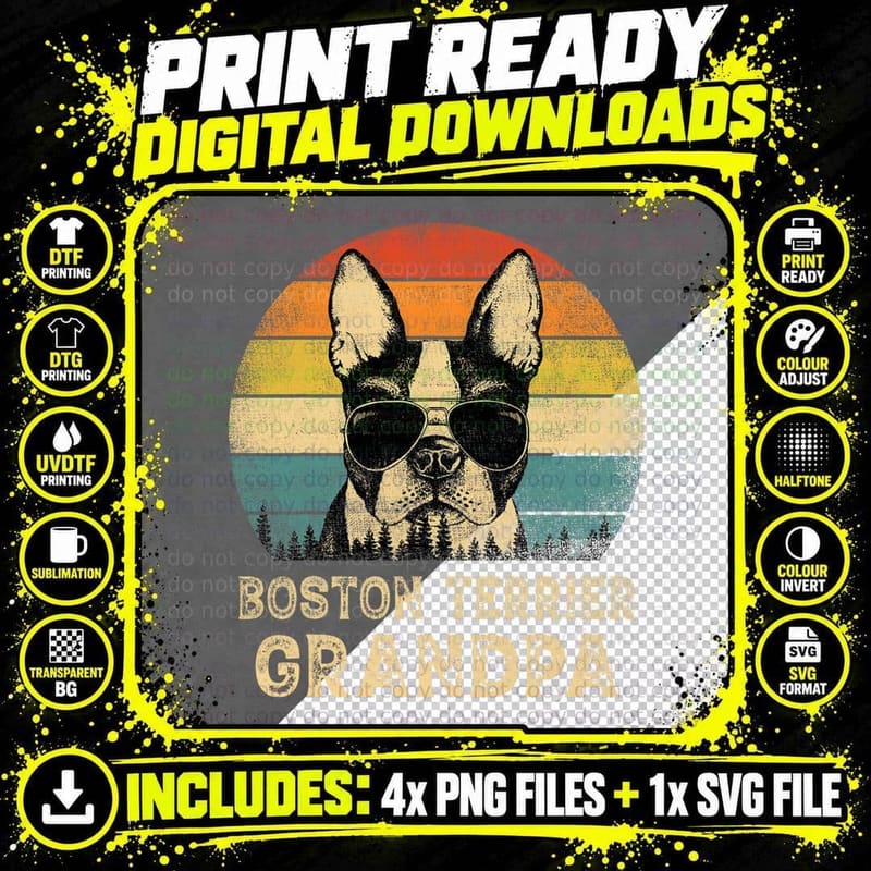 Vintage Boston Terrier Grandpa Dog Lovers Father's Day Png SVG Digital Bundle