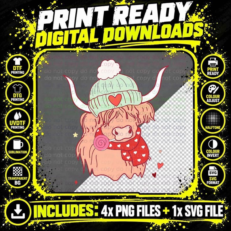 Western Valentines Day Cute Highland Cow Eating a Png SVG Digital Bundle