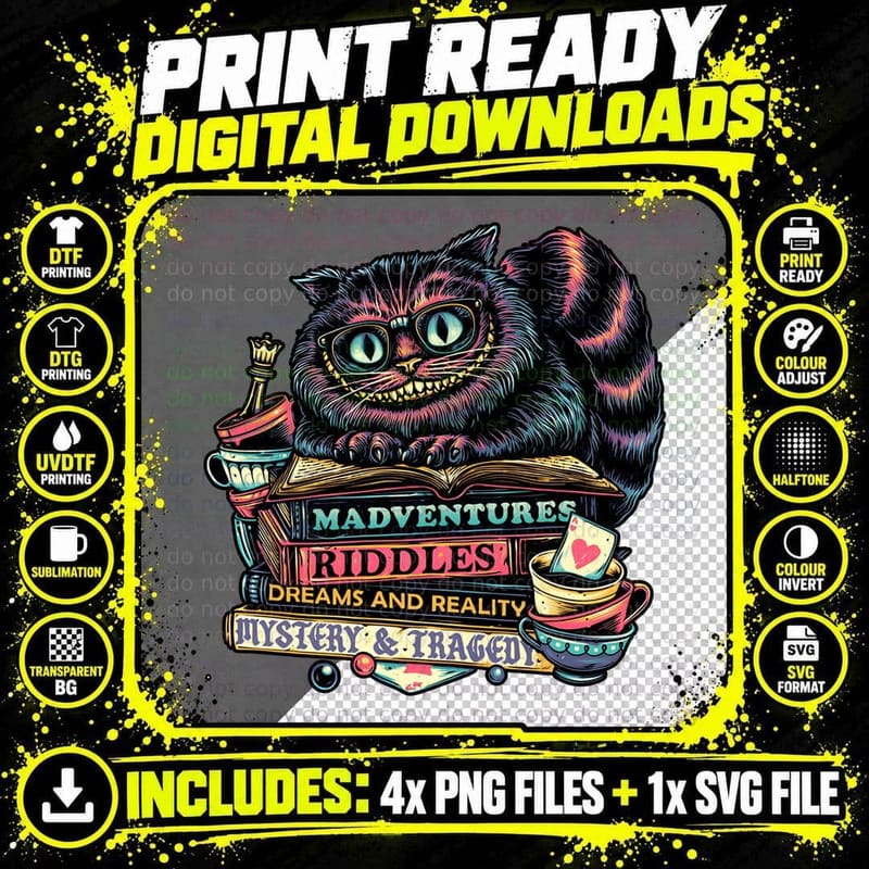 Whimsical Cheshire Cat Books Psychedelic Wonderland Png SVG Digital Bundle