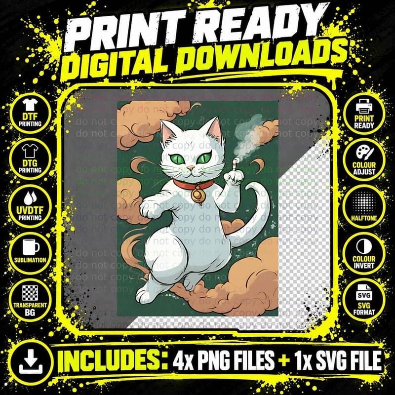 White Cat with the Spliff T-Shirt Png SVG Digital Bundle