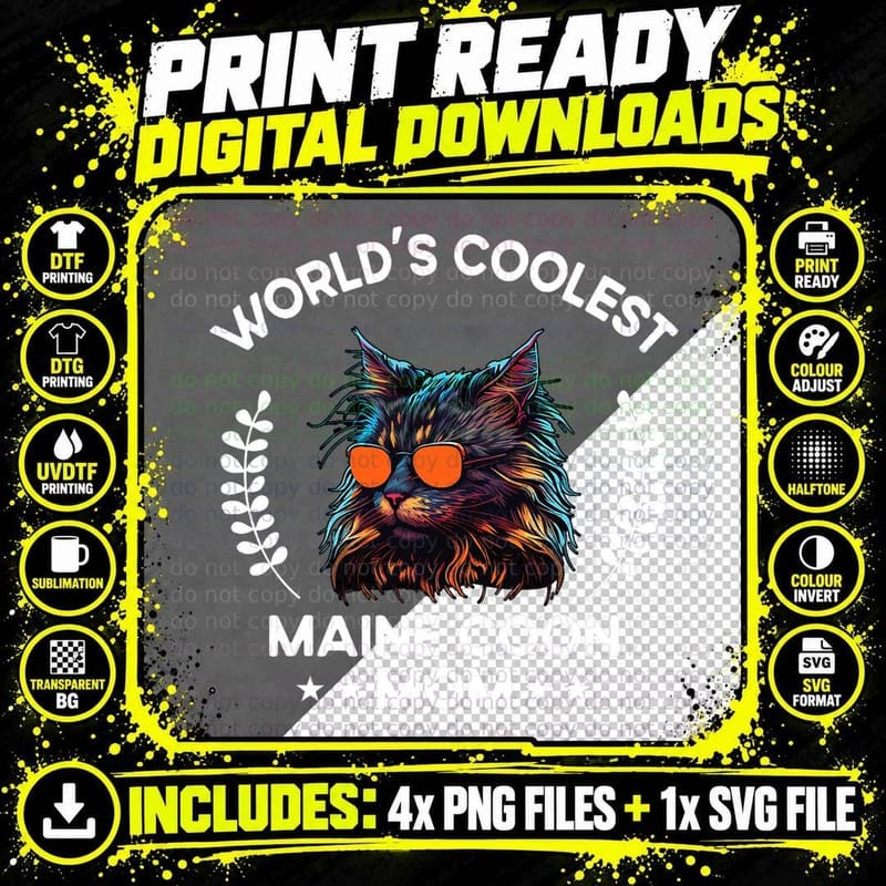 World's Coolest Cat Mom Mama - Women Maine Coon Cat Png SVG Digital Bundle