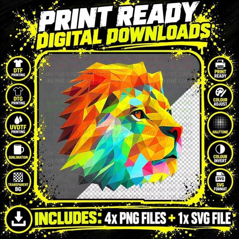 Abstract Lion Colorful Face Geometric Head Multicolor Png SVG Digital Bundle