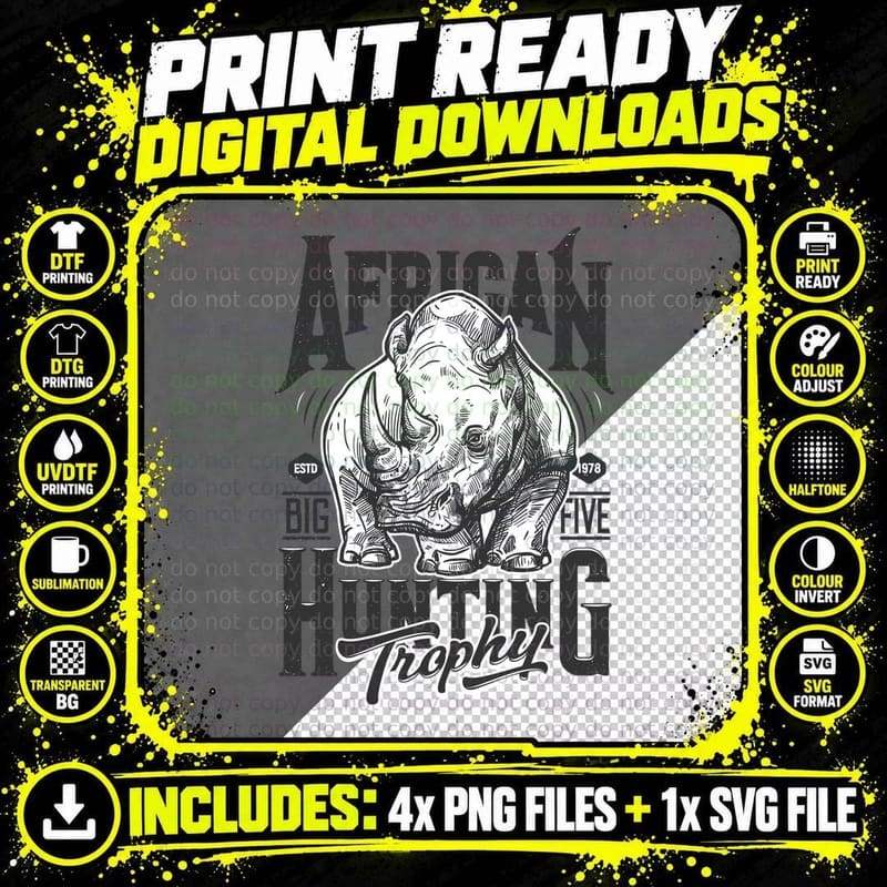 African Hunting Trophy Big Five Rhinoceros Safari Africa Png SVG Digital Bundle
