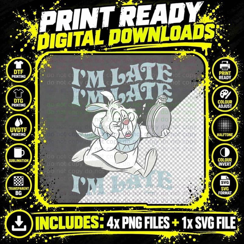Alice in Wonderland - I'm Late White Rabbit T-Shirt Png SVG Digital Bundle