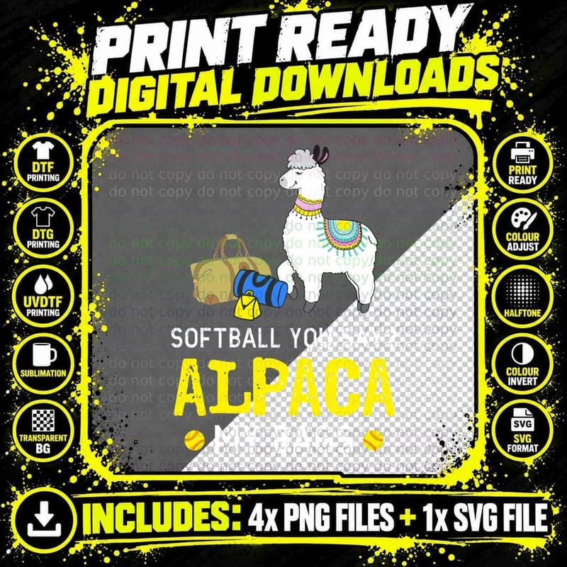 Alpaca Softball T-Shirt, Animal Lover Apparel Png SVG Digital Bundle