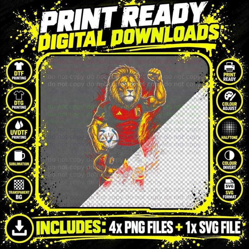 Anthro Lion Footballer Maned Head Red Belgium Kit Fist Png SVG Digital Bundle