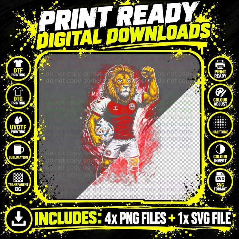 Anthro Lion Footballer Maned Head Red Denmark Kit Hummel Png SVG Digital Bundle