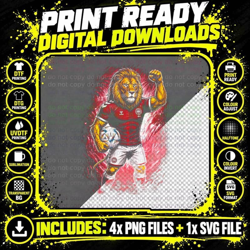 Anthro Lion Footballer Maned Head Red Denmark Kit Hummel Png SVG Digital Bundle