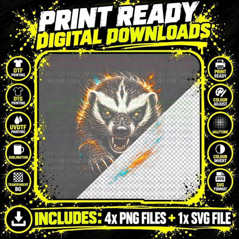 Badger T-Shirt, Halftone Fierce Fire Badger Graphic Tee Png SVG Digital Bundle