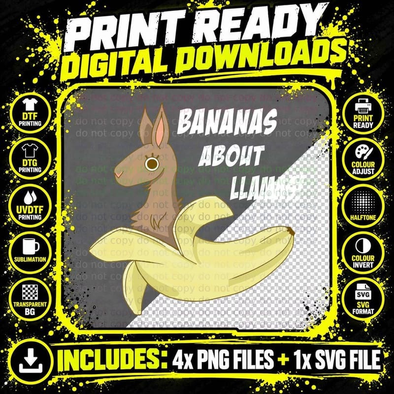 Banana Llama T-Shirt, Quirky Animal Print Png SVG Digital Bundle