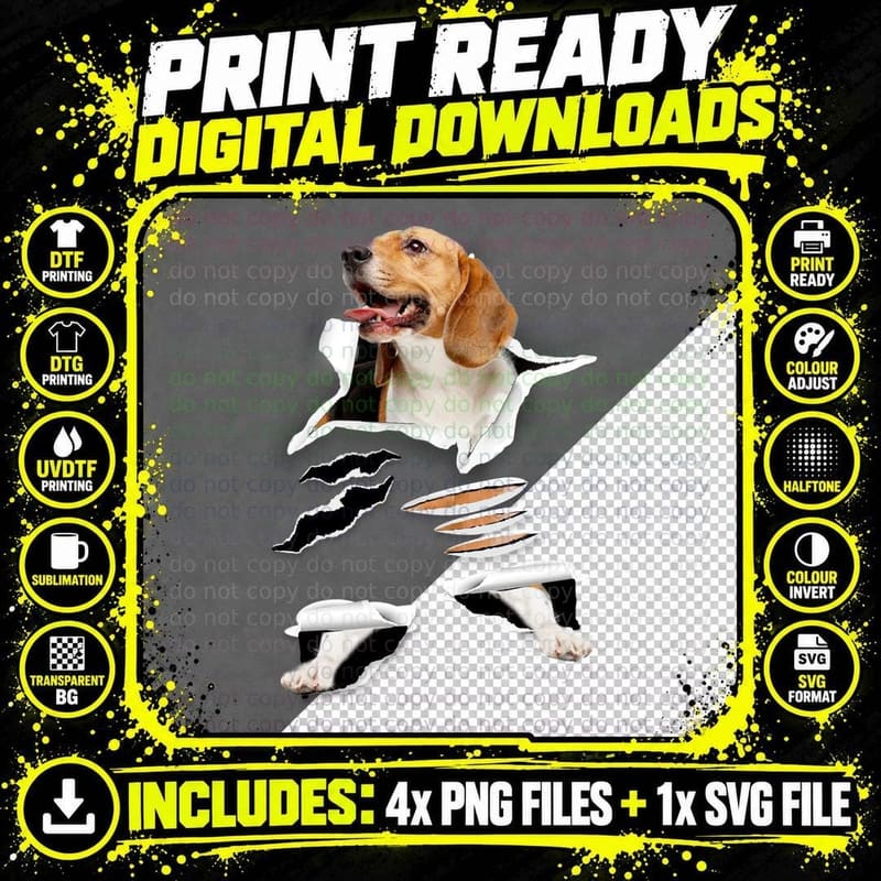 Beagle Tearing Through Paper T-Shirt, Animal Print Png SVG Digital Bundle