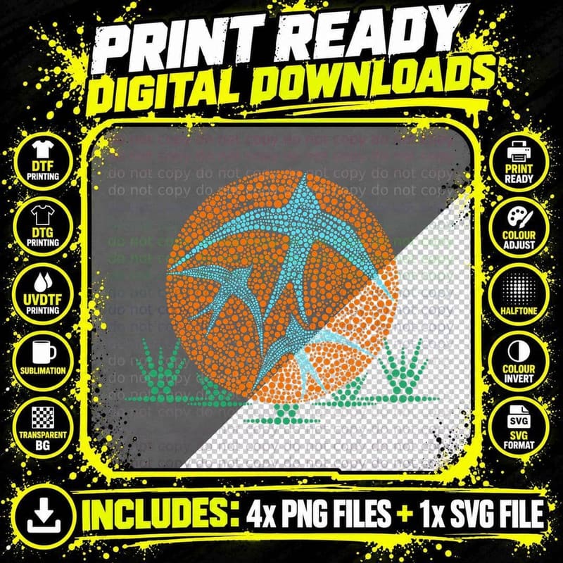 Birds Flying Orange Sun with Aboriginal Art Dot Png SVG Digital Bundle