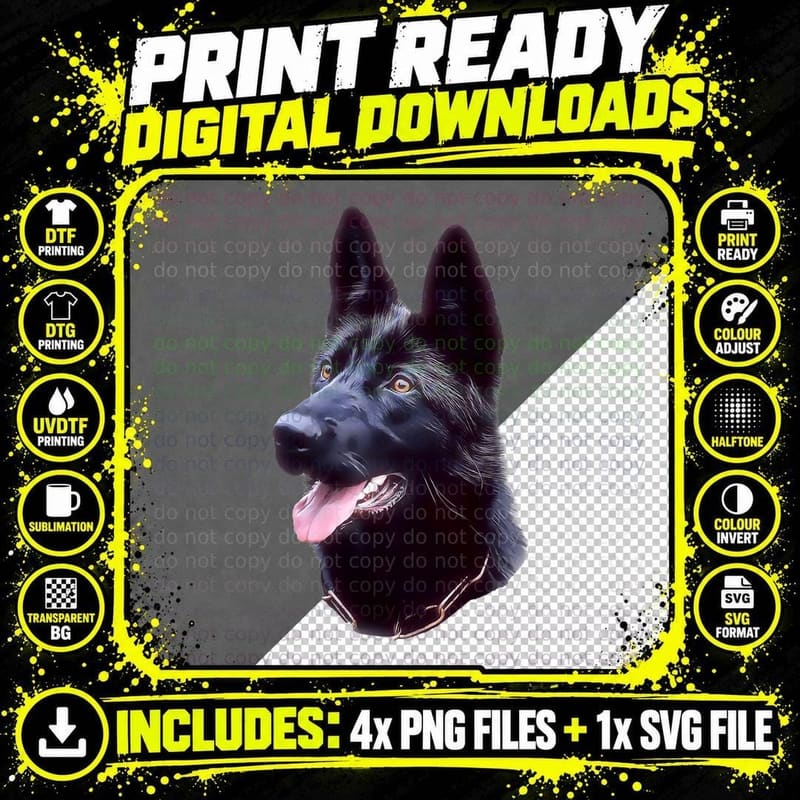 Black German Shepherd Portrait Art Png SVG Digital Bundle